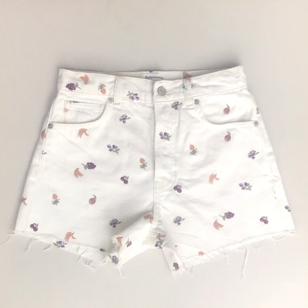Reformation Charlie Fruitloops fruit embroidered high rise jean shorts